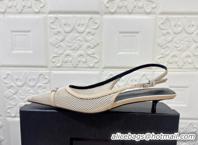 Durable Saint Laurent Mesh Slingback Pumps 3.5cm with Buckle Beige 0825117