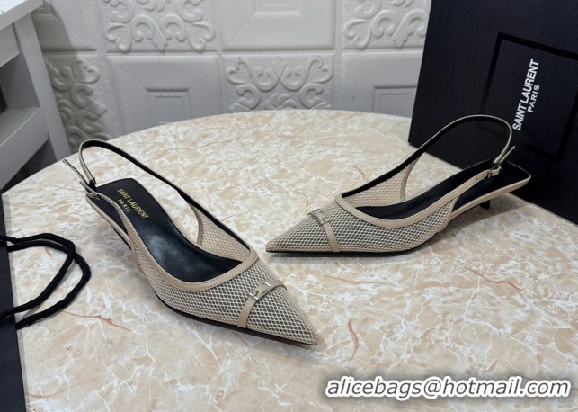 Durable Saint Laurent Mesh Slingback Pumps 3.5cm with Buckle Beige 0825117