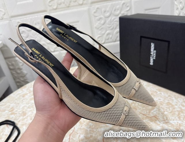Durable Saint Laurent Mesh Slingback Pumps 3.5cm with Buckle Beige 0825117