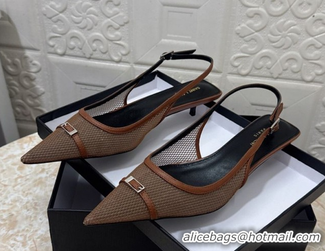 Luxurious Saint Laurent Mesh Slingback Pumps 3.5cm with Buckle Brown 0825118