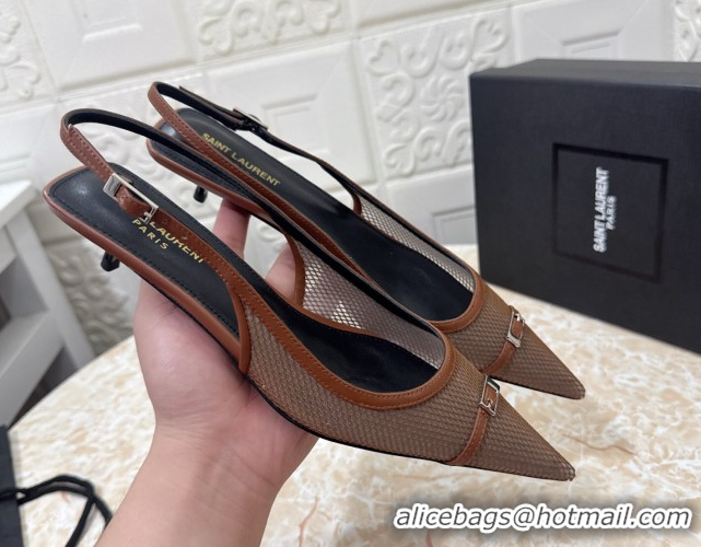 Luxurious Saint Laurent Mesh Slingback Pumps 3.5cm with Buckle Brown 0825118