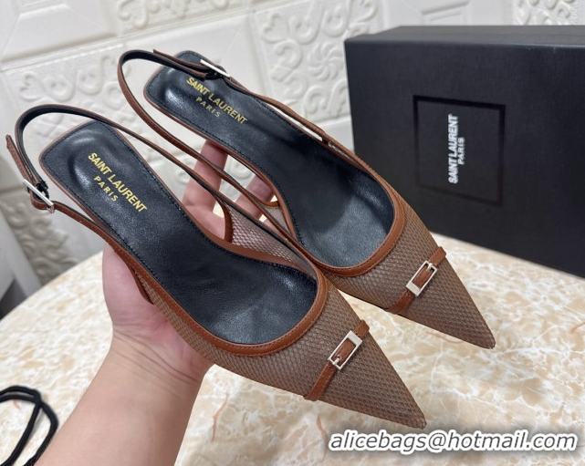Luxurious Saint Laurent Mesh Slingback Pumps 3.5cm with Buckle Brown 0825118