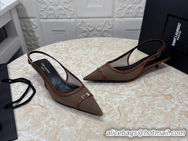 Luxurious Saint Laurent Mesh Slingback Pumps 3.5cm with Buckle Brown 0825118