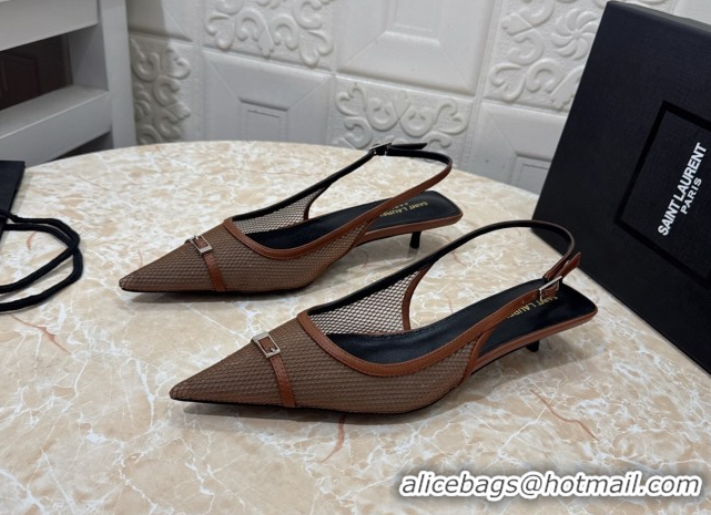Luxurious Saint Laurent Mesh Slingback Pumps 3.5cm with Buckle Brown 0825118