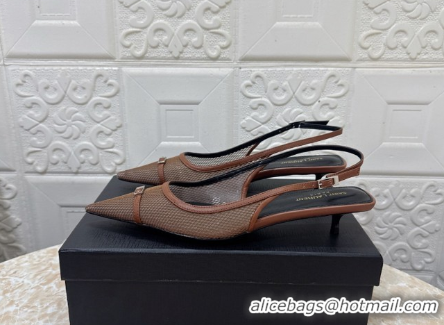 Luxurious Saint Laurent Mesh Slingback Pumps 3.5cm with Buckle Brown 0825118