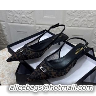 Cheap Price Saint Laurent Leopard Printed Mesh Slingback Pumps 3.5cm with Buckle 0825119
