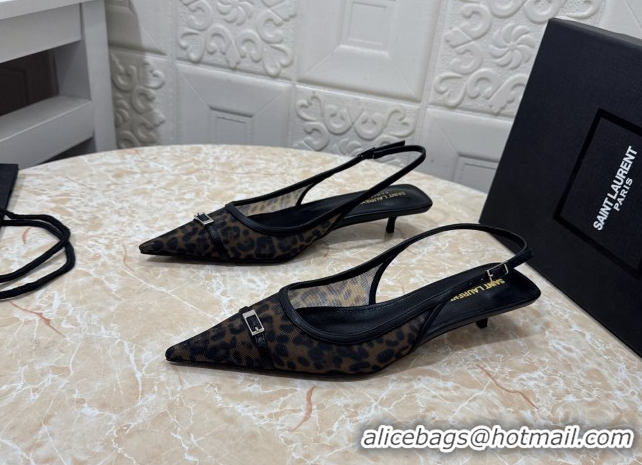 Cheap Price Saint Laurent Leopard Printed Mesh Slingback Pumps 3.5cm with Buckle 0825119