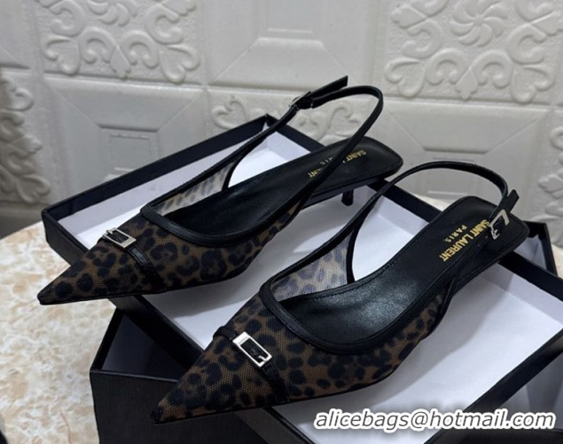 Cheap Price Saint Laurent Leopard Printed Mesh Slingback Pumps 3.5cm with Buckle 0825119