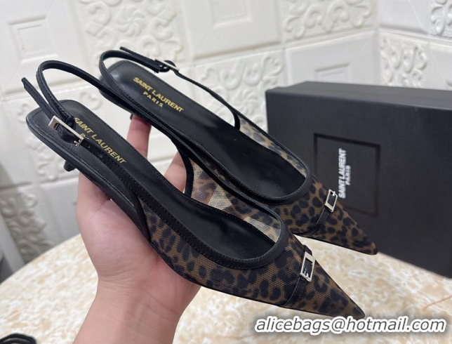 Cheap Price Saint Laurent Leopard Printed Mesh Slingback Pumps 3.5cm with Buckle 0825119