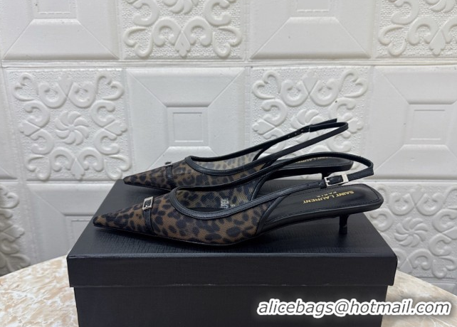 Cheap Price Saint Laurent Leopard Printed Mesh Slingback Pumps 3.5cm with Buckle 0825119