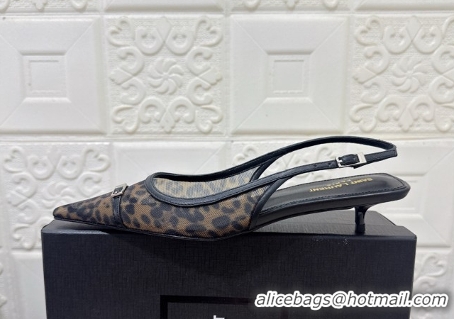 Cheap Price Saint Laurent Leopard Printed Mesh Slingback Pumps 3.5cm with Buckle 0825119