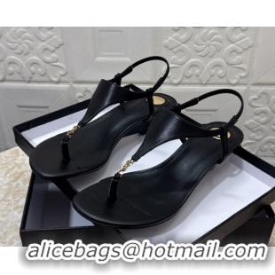 Most Popular Saint Laurent Cassandra Wedge Thong Sandals 3.5cm in Calfskin Black 0825120