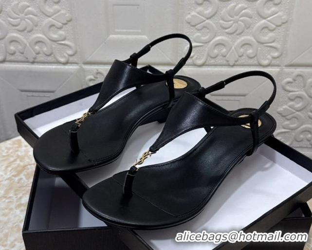 Most Popular Saint Laurent Cassandra Wedge Thong Sandals 3.5cm in Calfskin Black 0825120