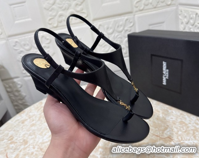 Most Popular Saint Laurent Cassandra Wedge Thong Sandals 3.5cm in Calfskin Black 0825120