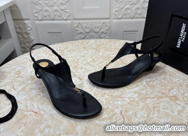 Most Popular Saint Laurent Cassandra Wedge Thong Sandals 3.5cm in Calfskin Black 0825120