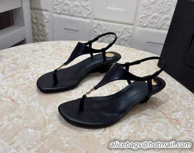 Most Popular Saint Laurent Cassandra Wedge Thong Sandals 3.5cm in Calfskin Black 0825120