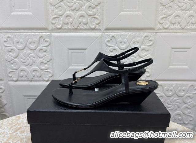 Most Popular Saint Laurent Cassandra Wedge Thong Sandals 3.5cm in Calfskin Black 0825120