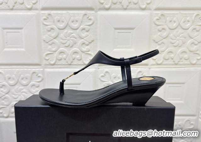 Most Popular Saint Laurent Cassandra Wedge Thong Sandals 3.5cm in Calfskin Black 0825120