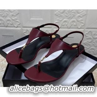 Best Grade Saint Laurent Cassandra Wedge Thong Sandals 3.5cm in Calfskin Burgundy 50825121