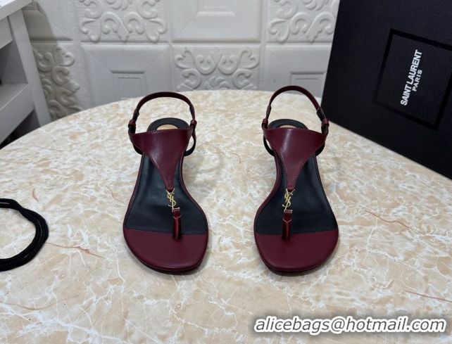 Best Grade Saint Laurent Cassandra Wedge Thong Sandals 3.5cm in Calfskin Burgundy 50825121