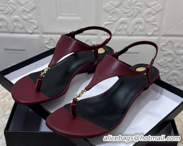 Best Grade Saint Laurent Cassandra Wedge Thong Sandals 3.5cm in Calfskin Burgundy 50825121