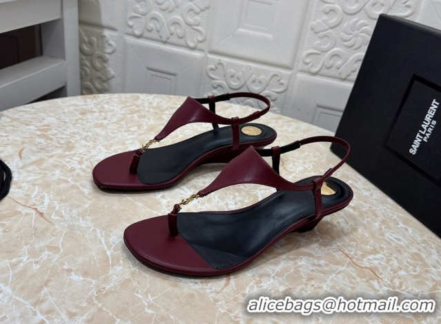 Best Grade Saint Laurent Cassandra Wedge Thong Sandals 3.5cm in Calfskin Burgundy 50825121