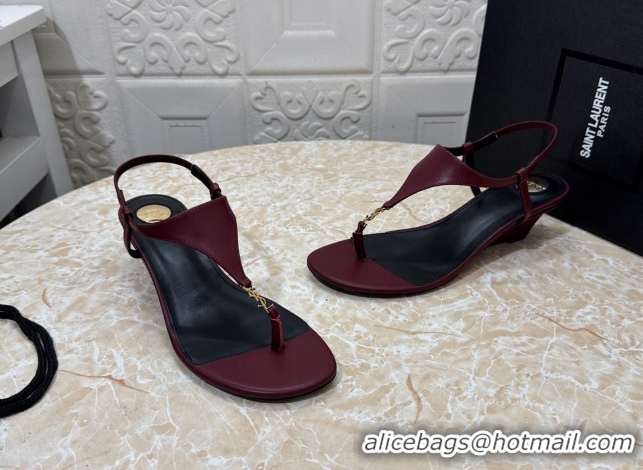 Best Grade Saint Laurent Cassandra Wedge Thong Sandals 3.5cm in Calfskin Burgundy 50825121