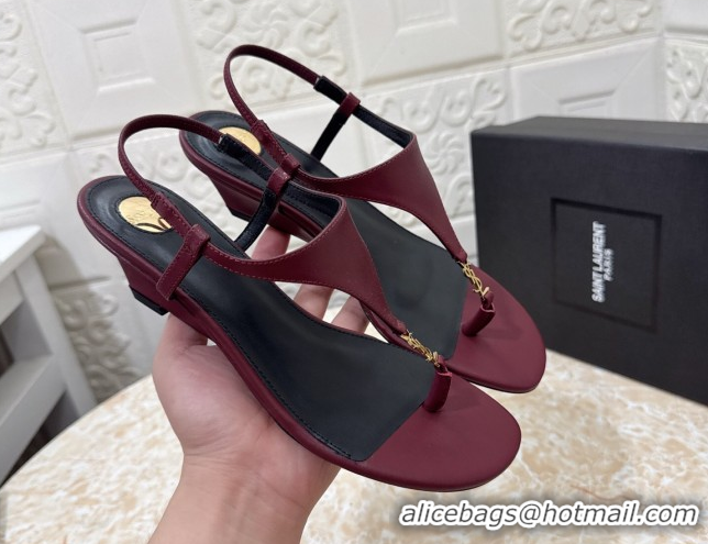 Best Grade Saint Laurent Cassandra Wedge Thong Sandals 3.5cm in Calfskin Burgundy 50825121