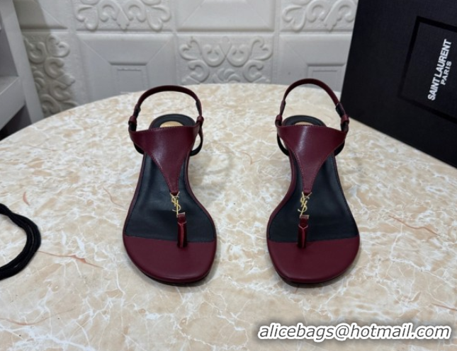 Best Grade Saint Laurent Cassandra Wedge Thong Sandals 3.5cm in Calfskin Burgundy 50825121
