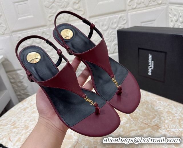 Best Grade Saint Laurent Cassandra Wedge Thong Sandals 3.5cm in Calfskin Burgundy 50825121