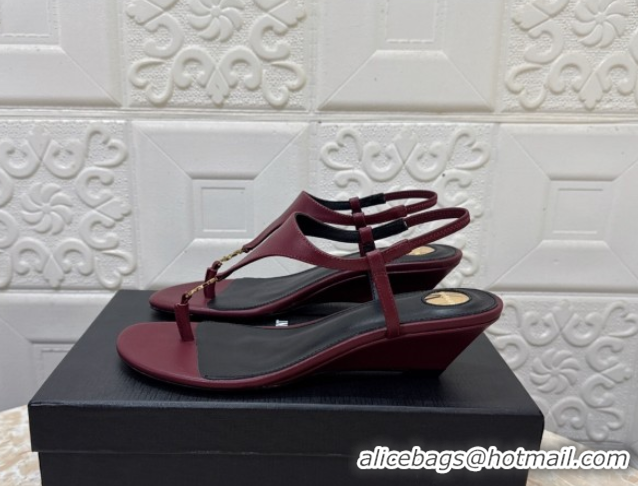 Best Grade Saint Laurent Cassandra Wedge Thong Sandals 3.5cm in Calfskin Burgundy 50825121