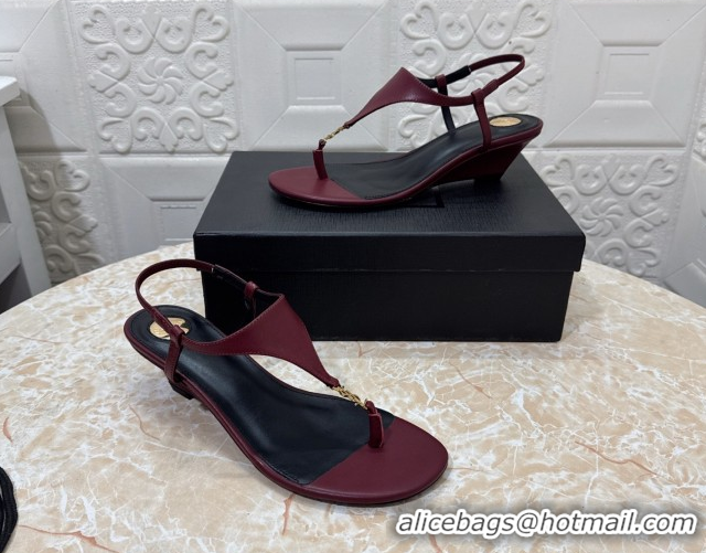 Best Grade Saint Laurent Cassandra Wedge Thong Sandals 3.5cm in Calfskin Burgundy 50825121