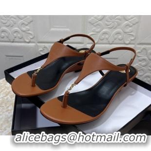 Low Cost Saint Laurent Cassandra Wedge Thong Sandals 3.5cm in Calfskin Brown 0825122