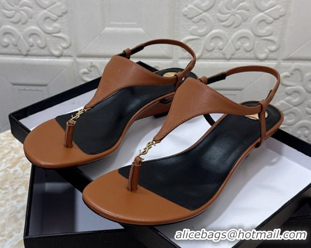 Low Cost Saint Laurent Cassandra Wedge Thong Sandals 3.5cm in Calfskin Brown 0825122