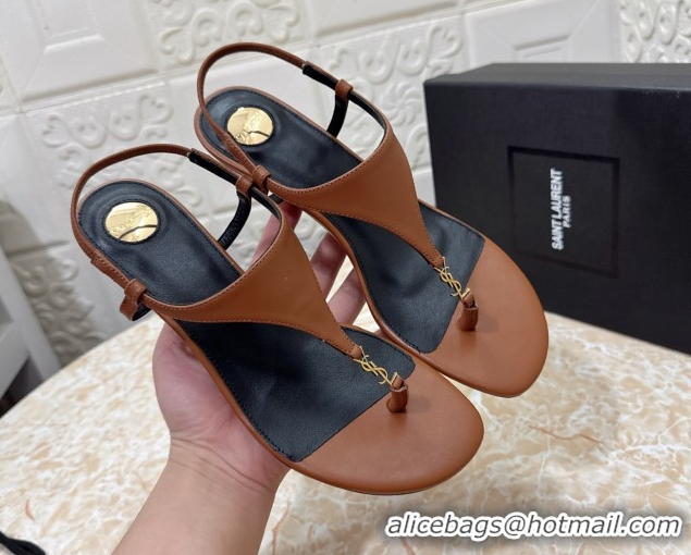 Low Cost Saint Laurent Cassandra Wedge Thong Sandals 3.5cm in Calfskin Brown 0825122