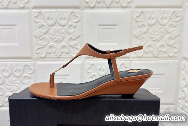 Low Cost Saint Laurent Cassandra Wedge Thong Sandals 3.5cm in Calfskin Brown 0825122