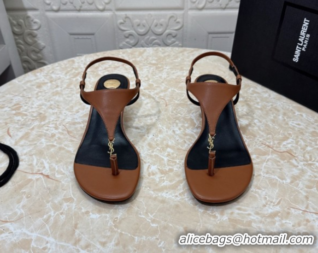 Low Cost Saint Laurent Cassandra Wedge Thong Sandals 3.5cm in Calfskin Brown 0825122
