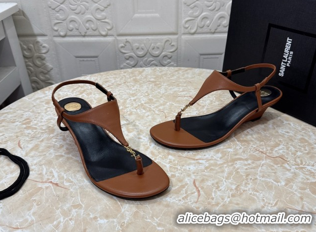Low Cost Saint Laurent Cassandra Wedge Thong Sandals 3.5cm in Calfskin Brown 0825122