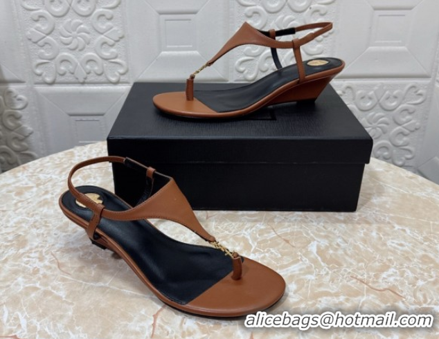 Low Cost Saint Laurent Cassandra Wedge Thong Sandals 3.5cm in Calfskin Brown 0825122