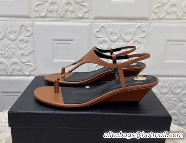 Low Cost Saint Laurent Cassandra Wedge Thong Sandals 3.5cm in Calfskin Brown 0825122