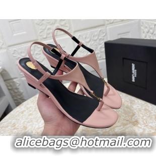 Buy Cheap Saint Laurent Cassandra Wedge Thong Sandals 3.5cm in Calfskin Light Pink 0825123