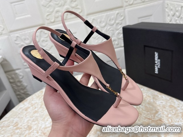 Buy Cheap Saint Laurent Cassandra Wedge Thong Sandals 3.5cm in Calfskin Light Pink 0825123