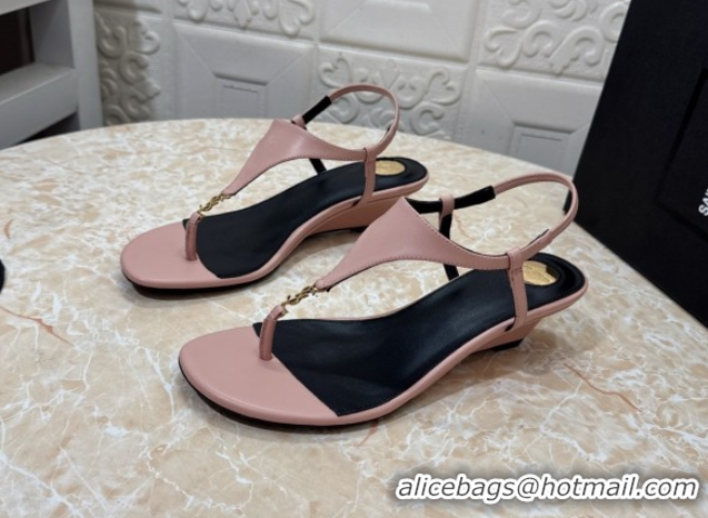 Buy Cheap Saint Laurent Cassandra Wedge Thong Sandals 3.5cm in Calfskin Light Pink 0825123
