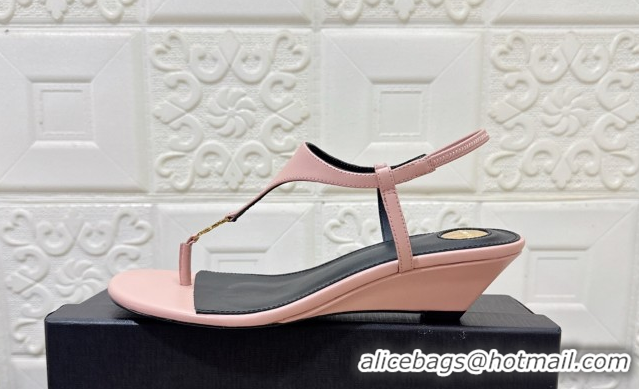 Buy Cheap Saint Laurent Cassandra Wedge Thong Sandals 3.5cm in Calfskin Light Pink 0825123