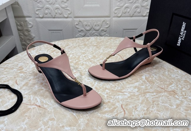 Buy Cheap Saint Laurent Cassandra Wedge Thong Sandals 3.5cm in Calfskin Light Pink 0825123