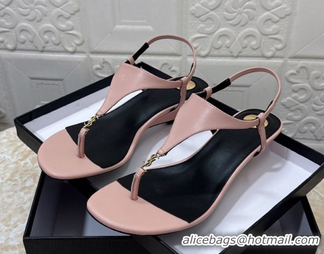Buy Cheap Saint Laurent Cassandra Wedge Thong Sandals 3.5cm in Calfskin Light Pink 0825123
