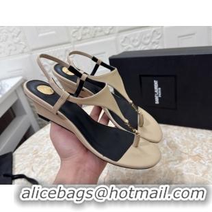 Affordable Price Saint Laurent Cassandra Wedge Thong Sandals 3.5cm in Calfskin Beige 0825124