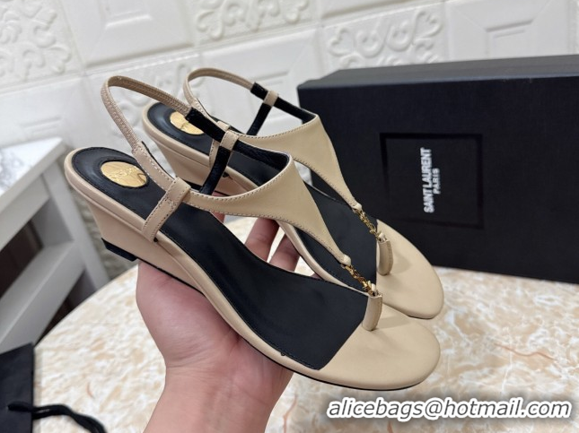 Affordable Price Saint Laurent Cassandra Wedge Thong Sandals 3.5cm in Calfskin Beige 0825124