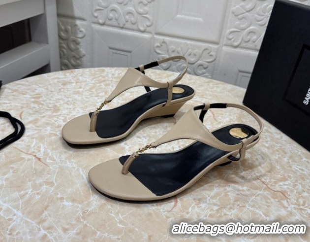 Affordable Price Saint Laurent Cassandra Wedge Thong Sandals 3.5cm in Calfskin Beige 0825124