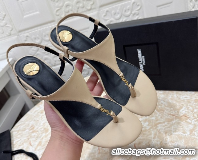 Affordable Price Saint Laurent Cassandra Wedge Thong Sandals 3.5cm in Calfskin Beige 0825124
